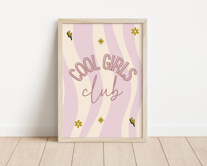 cool girls club pink retro wall print for bedroom, nursery or playroom