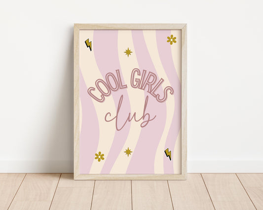 cool girls club pink retro wall print for bedroom, nursery or playroom