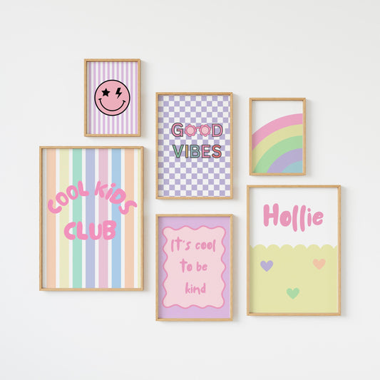 set of pastel retro room prints for girls room, gallery wall set, personalised name art, cool to be kind, long live girlhood