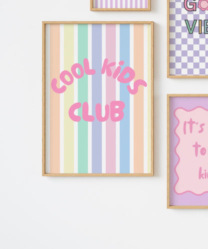 Cool kids club pastel striped wall print poster for childrens bedroom, nursery or playroom