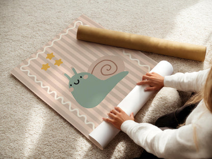 cute happy snail neutral wall print for childrens bedroom, playroom or nursery
