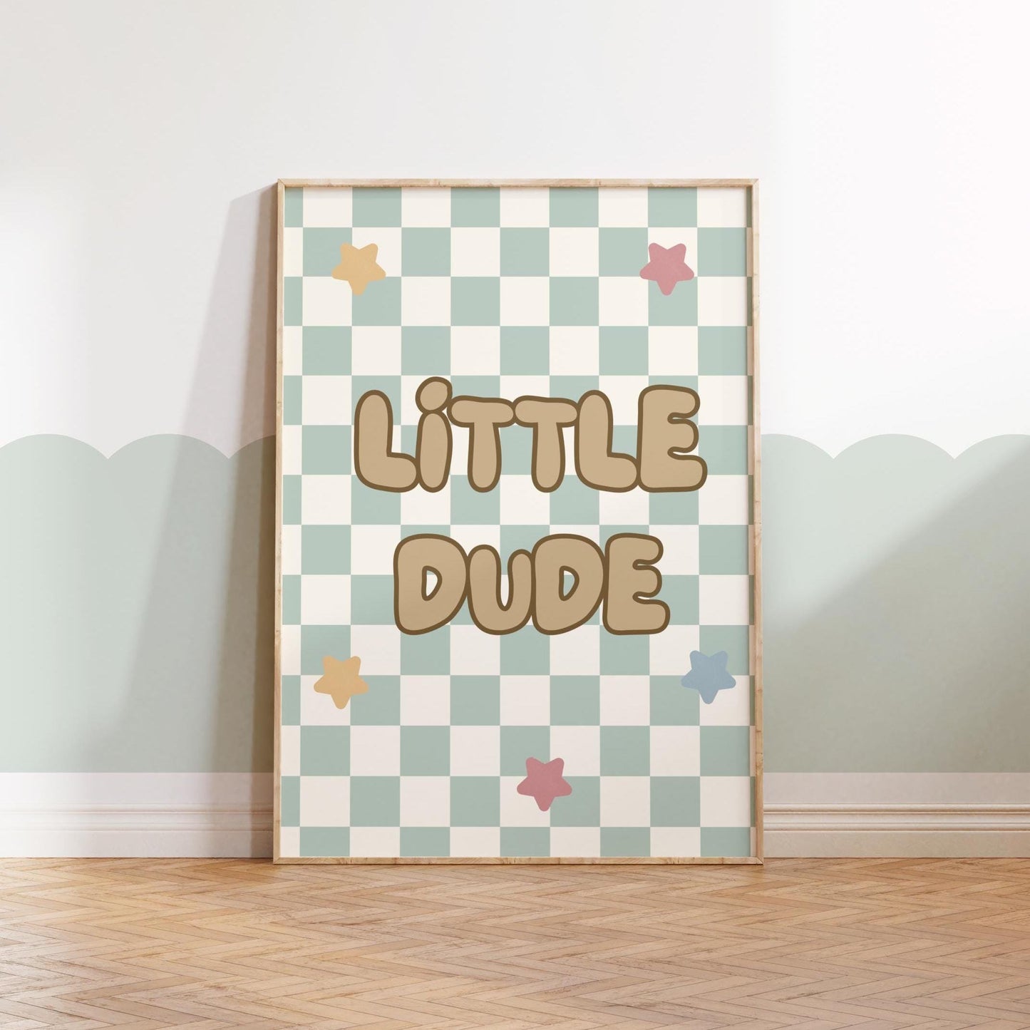 Little Dude Print: Sage Green Checkered Wall Art for Boys Nursery