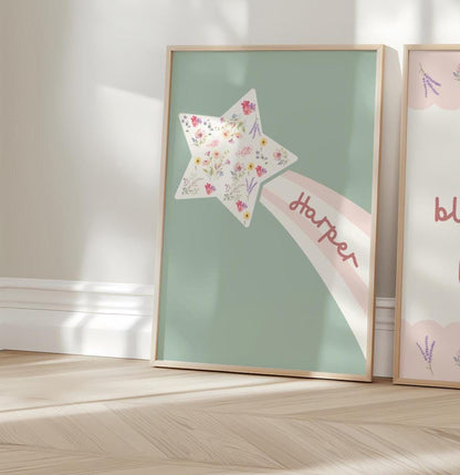 Personalized Floral Star Girls Room Print Set: Sage Green & Pink Nursery Decor