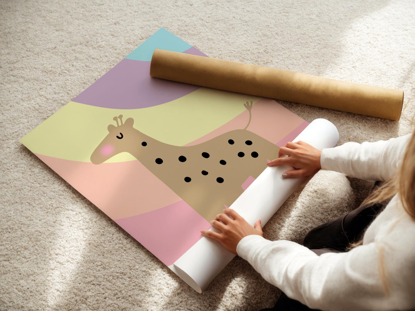 girls Pastel Rainbow striped Giraffe Print for bedroom, nursery or playroom
