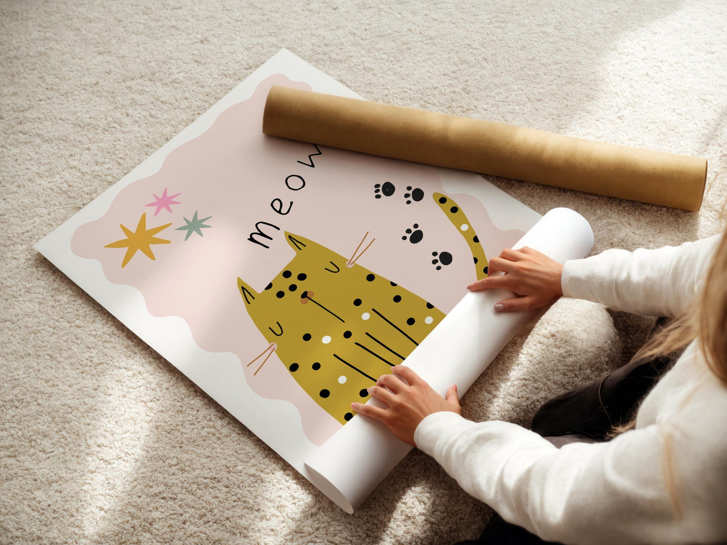 Childrens Cute cat wall print for childrens bedroom, bedroom or playroom