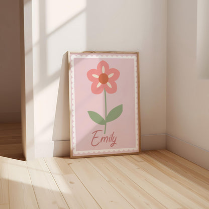 girls pretty personalised pink flower wall print for bedroom or nursery ( print only )