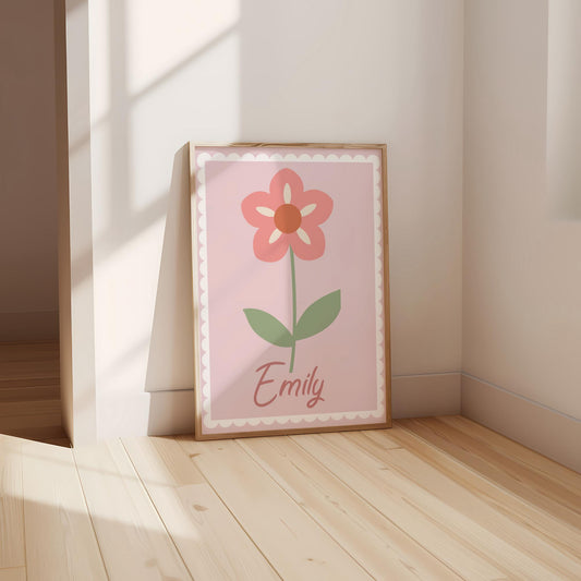 girls pretty personalised pink flower wall print for bedroom or nursery ( print only )