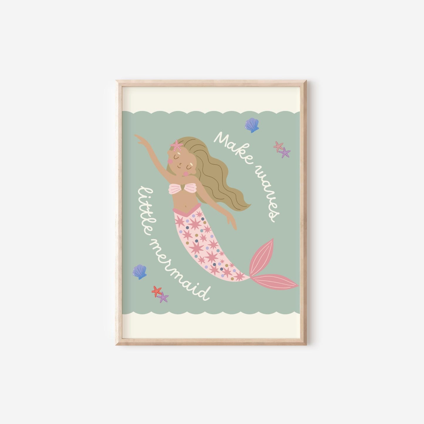 girls pastel pink and green boho mermaid wall print for bedroom, nursery or playroom