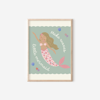 girls pastel pink and green boho mermaid wall print for bedroom, nursery or playroom