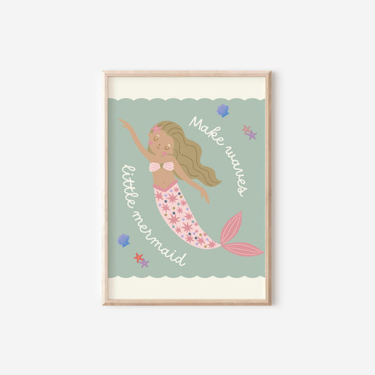 girls pastel pink and green boho mermaid wall print for bedroom, nursery or playroom