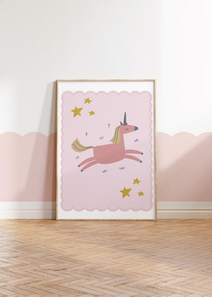 pink scallop border unicorn print for girls bedroom, nursery or playroom