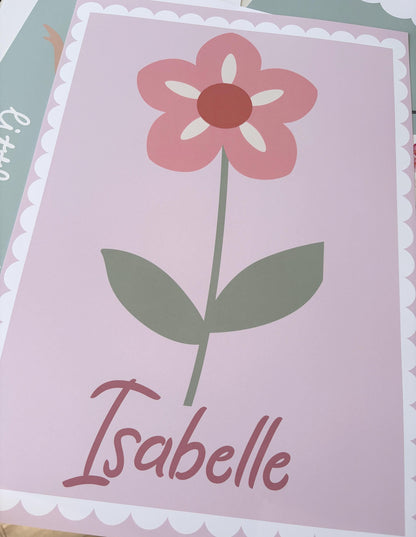 girls pretty personalised pink flower wall print for bedroom or nursery ( print only )