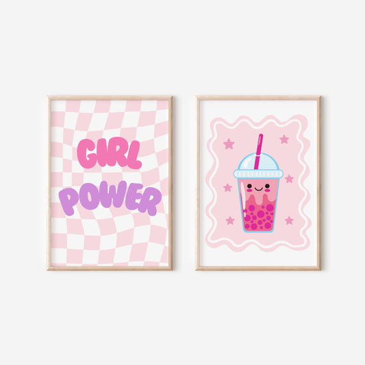 girl power bright bobo bubble tea retro print for girls bedroom, nursery or playroom