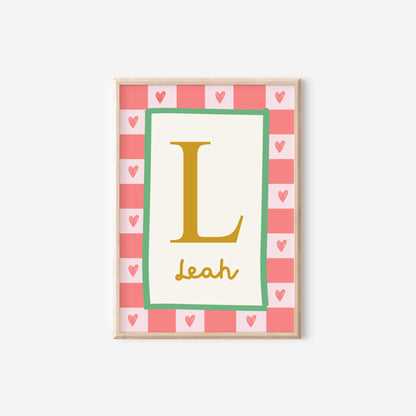 childrens inital and name personalised heart wall print for bedroom, nursery or playroom