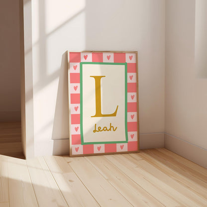 childrens inital and name personalised heart wall print for bedroom, nursery or playroom