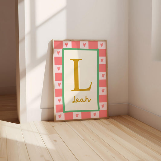 childrens inital and name personalised heart wall print for bedroom, nursery or playroom