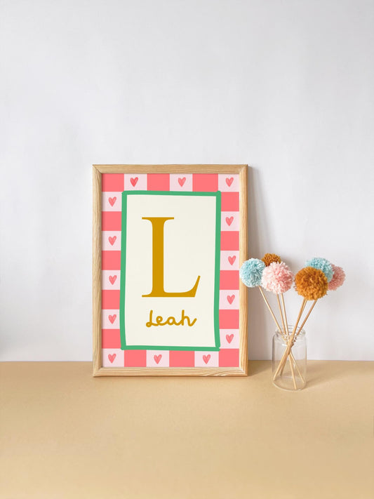 childrens inital and name personalised heart wall print for bedroom, nursery or playroom