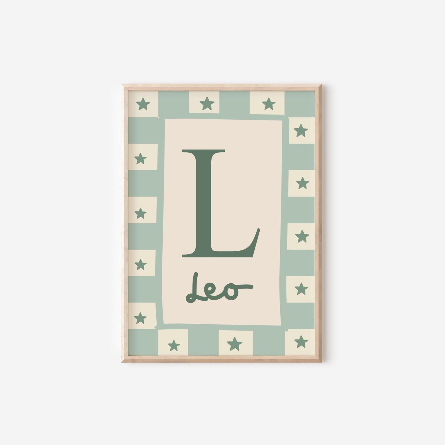 childrens initial and name neutral green wall print for bedroom, nursery or playroom