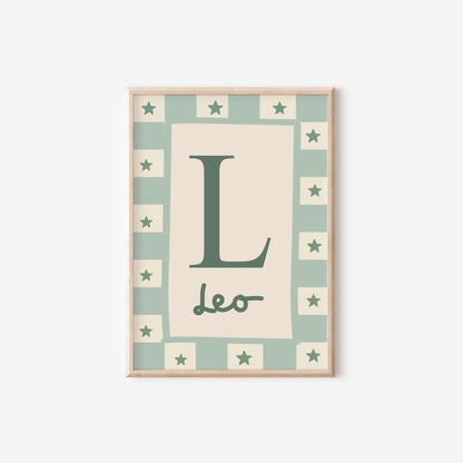 childrens initial and name neutral green wall print for bedroom, nursery or playroom