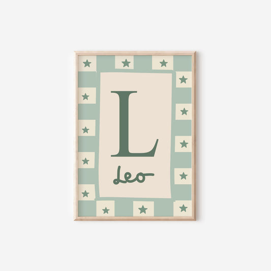 childrens initial and name neutral green wall print for bedroom, nursery or playroom
