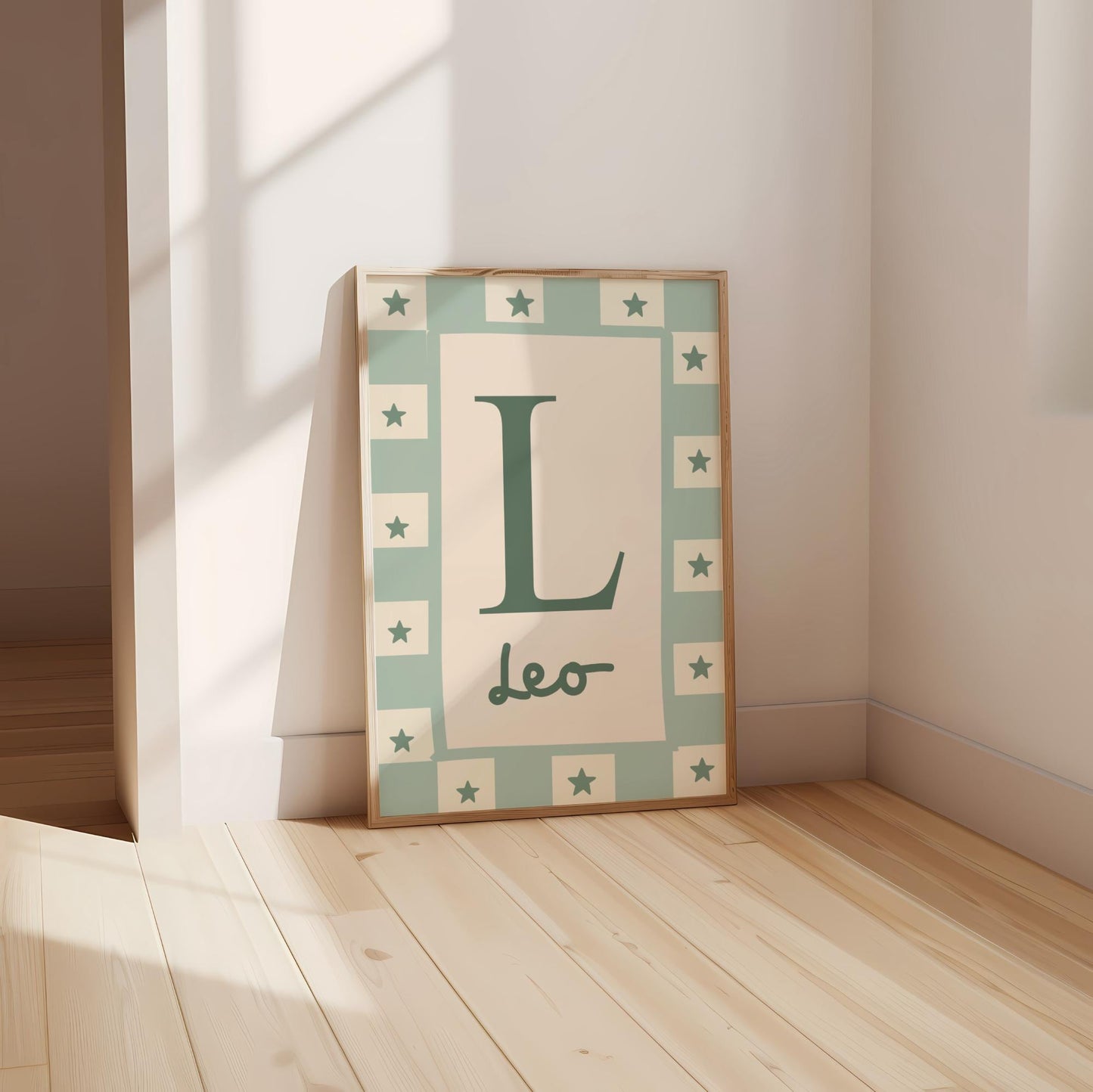 childrens initial and name neutral green wall print for bedroom, nursery or playroom