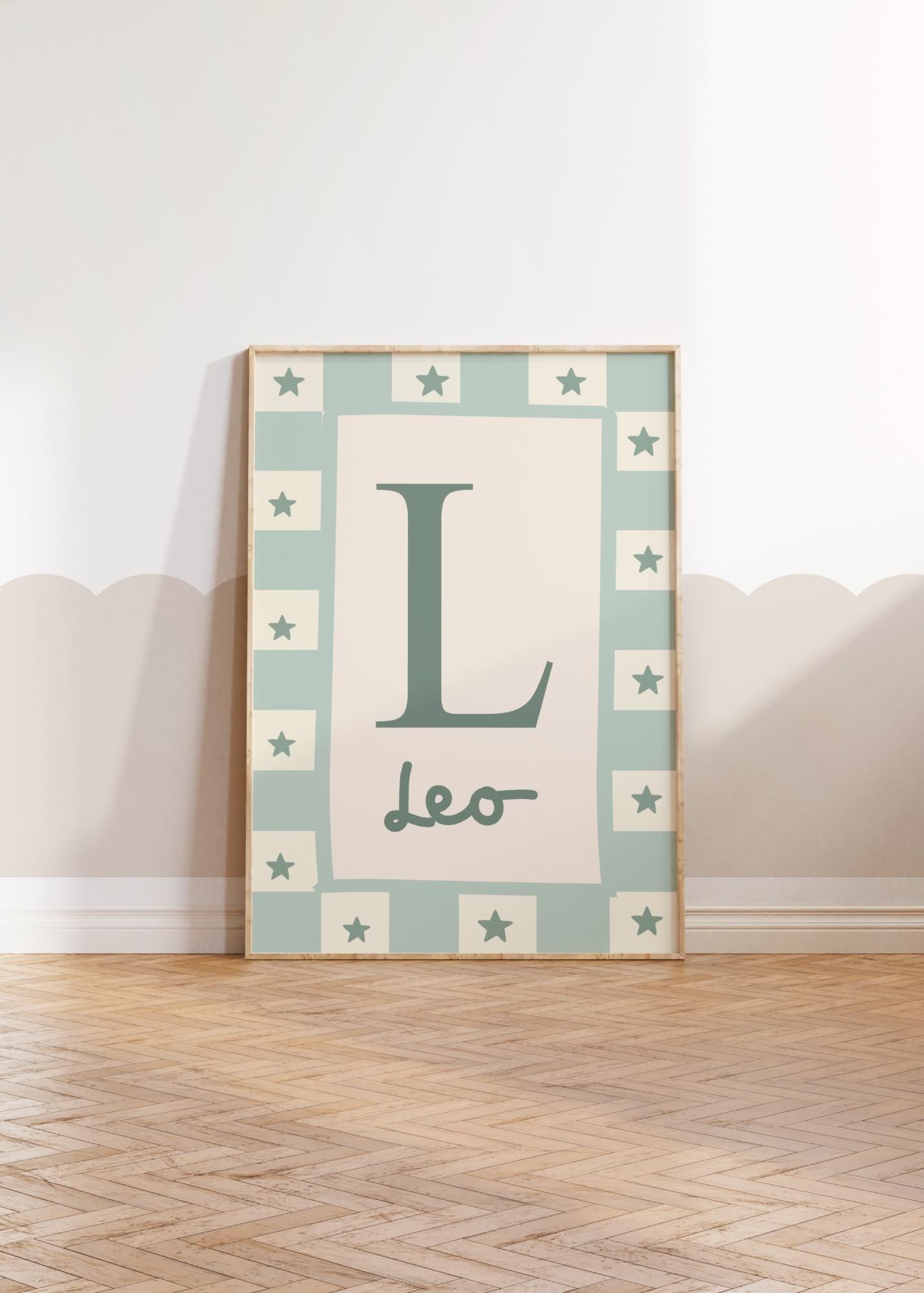 childrens initial and name neutral green wall print for bedroom, nursery or playroom