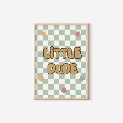 Little Dude Print: Sage Green Checkered Wall Art for Boys Nursery