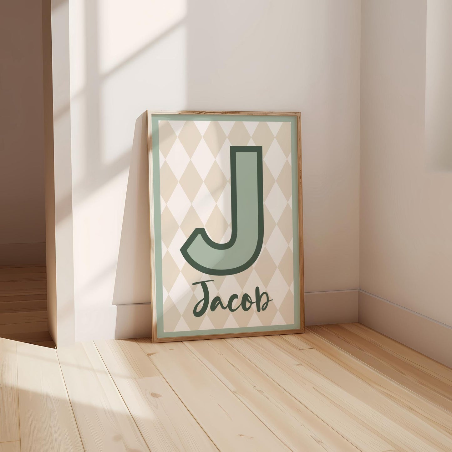 childrens bright initial and name neutral green wall print for bedroom, nursery or playroom