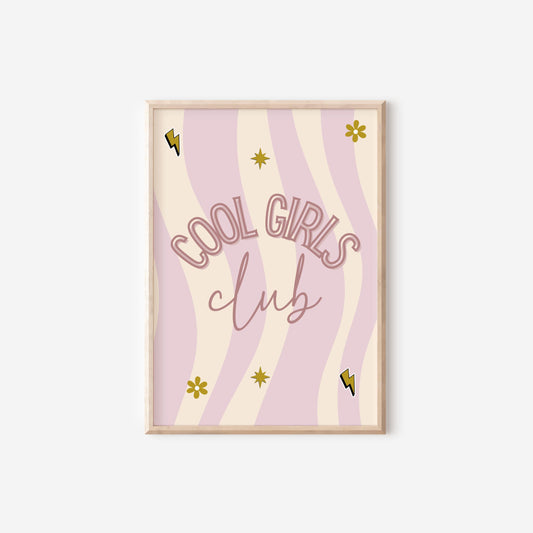 cool girls club pink retro wall print for bedroom, nursery or playroom