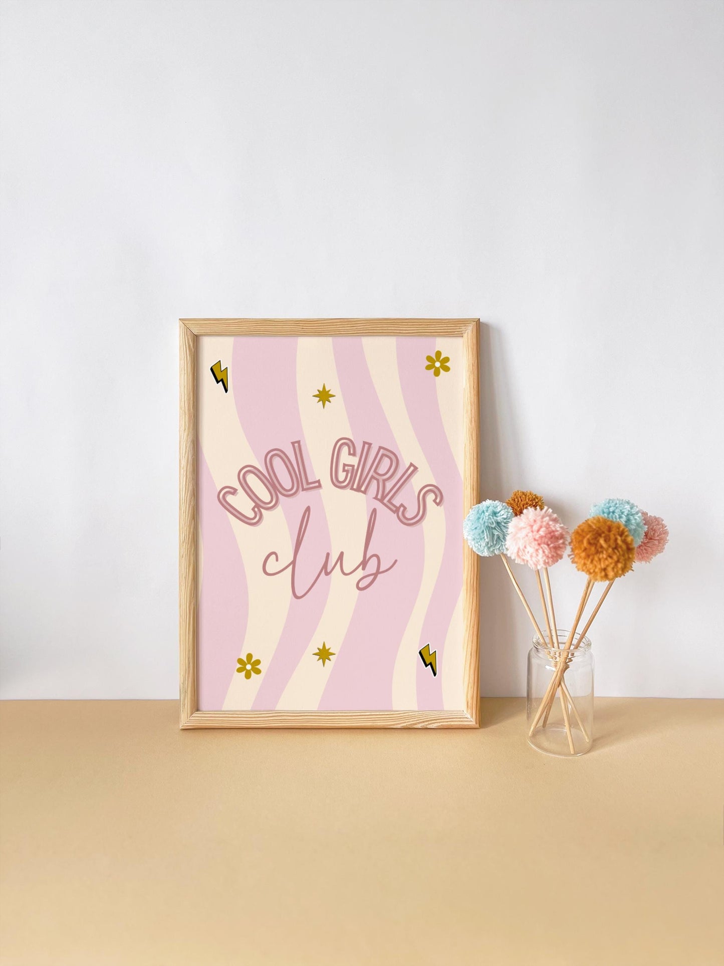 cool girls club pink retro wall print for bedroom, nursery or playroom