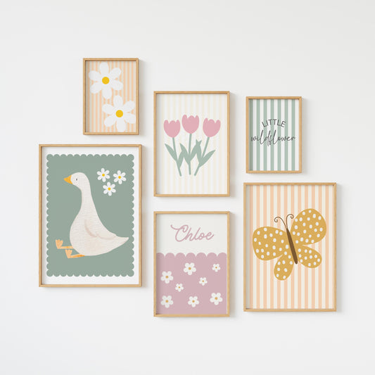 set of pretty whimiscal gallery wall prints for a playroom, girls bedroom or nursery  (unframed )