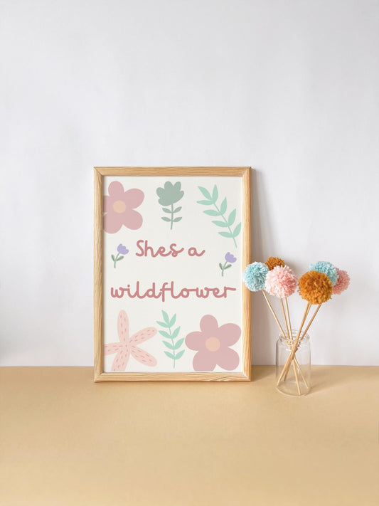 she's a wildflower floral wall  print for girls bedroom, nursery or playroom, childrens wall decor, pastel colour art