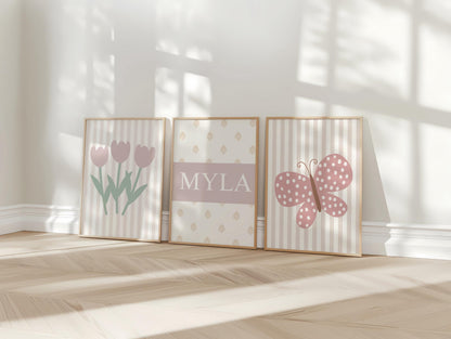 Personalised Floral Butterfly Nursery Print Set: Girl's Bedroom Decor