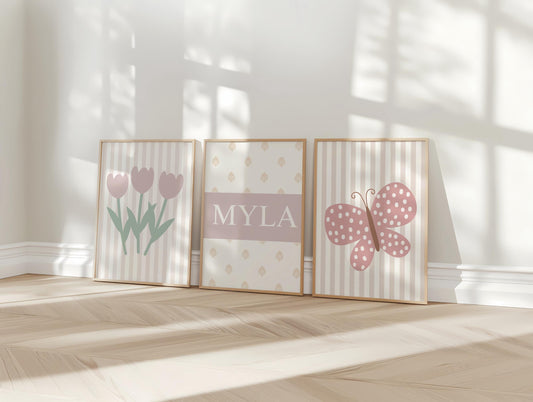 Personalised Floral Butterfly Nursery Print Set: Girl's Bedroom Decor