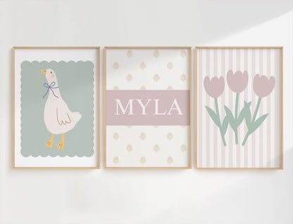 Personalized Floral Goose Print Set: Whimsical Nursery Wall Art