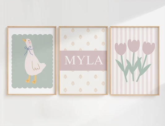 Personalized Floral Goose Print Set: Whimsical Nursery Wall Art