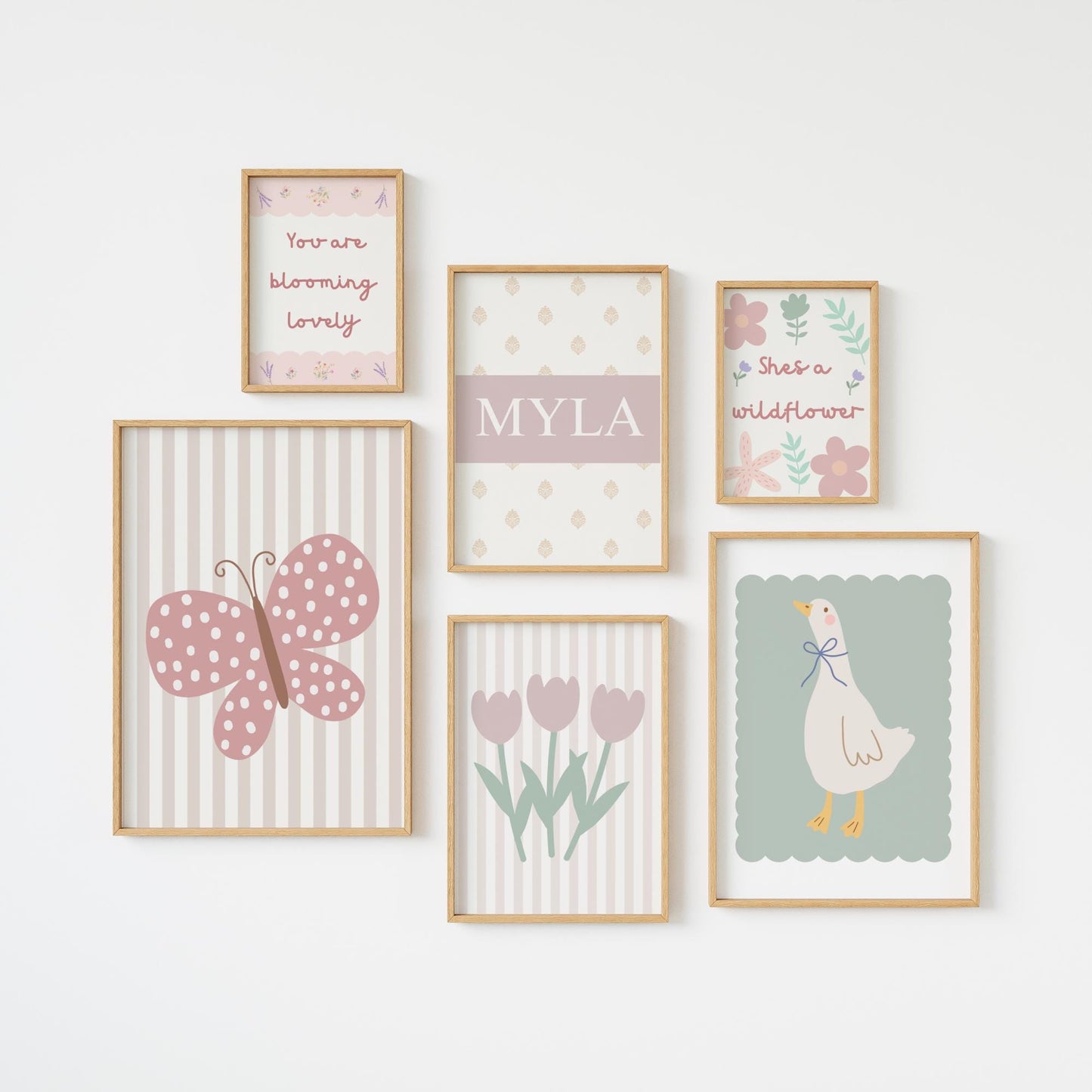 Personalized Girls Room Prints: Wildflowers, Goose, Butterfly, Pastel Wall Art