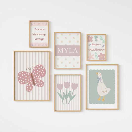 Personalized Girls Room Prints: Wildflowers, Goose, Butterfly, Pastel Wall Art