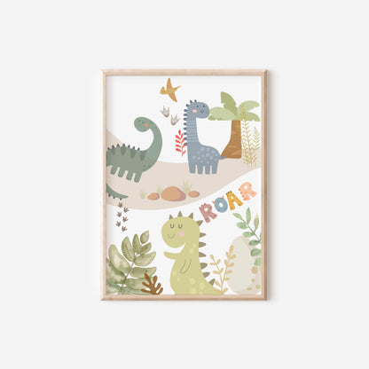 set of personalised dinosaur themed wall prints for childrens bedroom, playroom or nursery  (unframed)