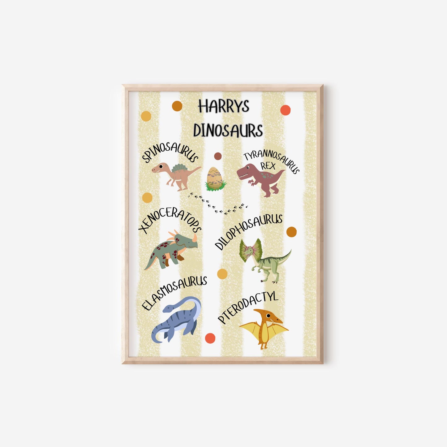 set of personalised dinosaur themed wall prints for childrens bedroom, playroom or nursery  (unframed)