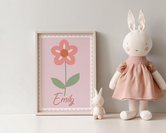 girls pretty personalised pink flower wall print for bedroom or nursery ( print only )