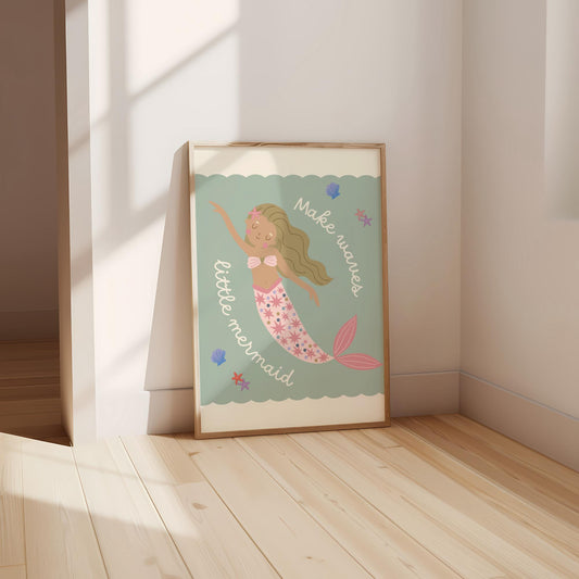 girls pastel pink and green boho mermaid wall print for bedroom, nursery or playroom