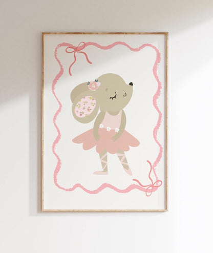 bunny ballerina print, dance wall art, girls nursery, childrens room, pink wall decor, baby girl wall print