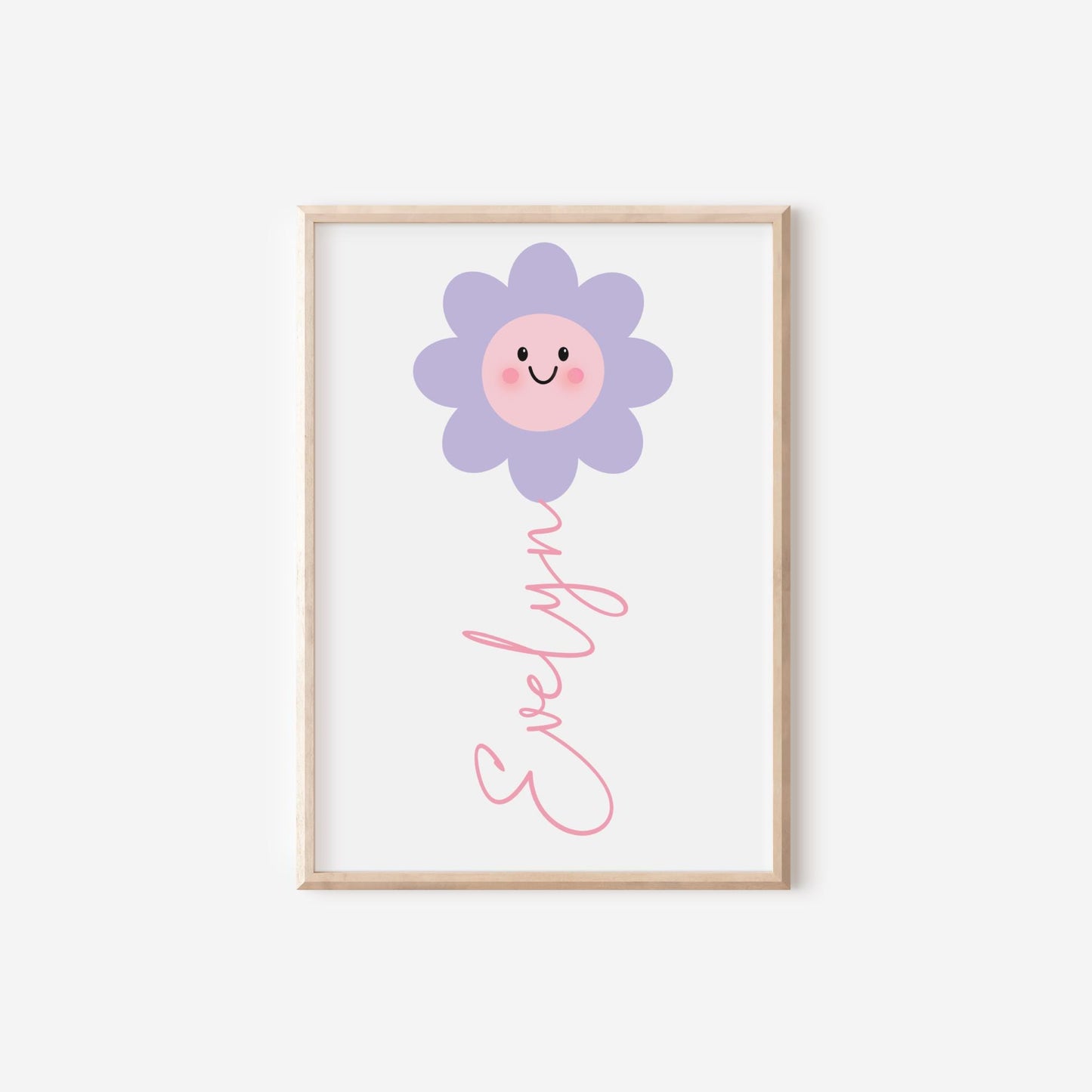 girls pink and lilac personalised flower wall print for bedroom or nursery
