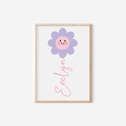 girls pink and lilac personalised flower wall print for bedroom or nursery