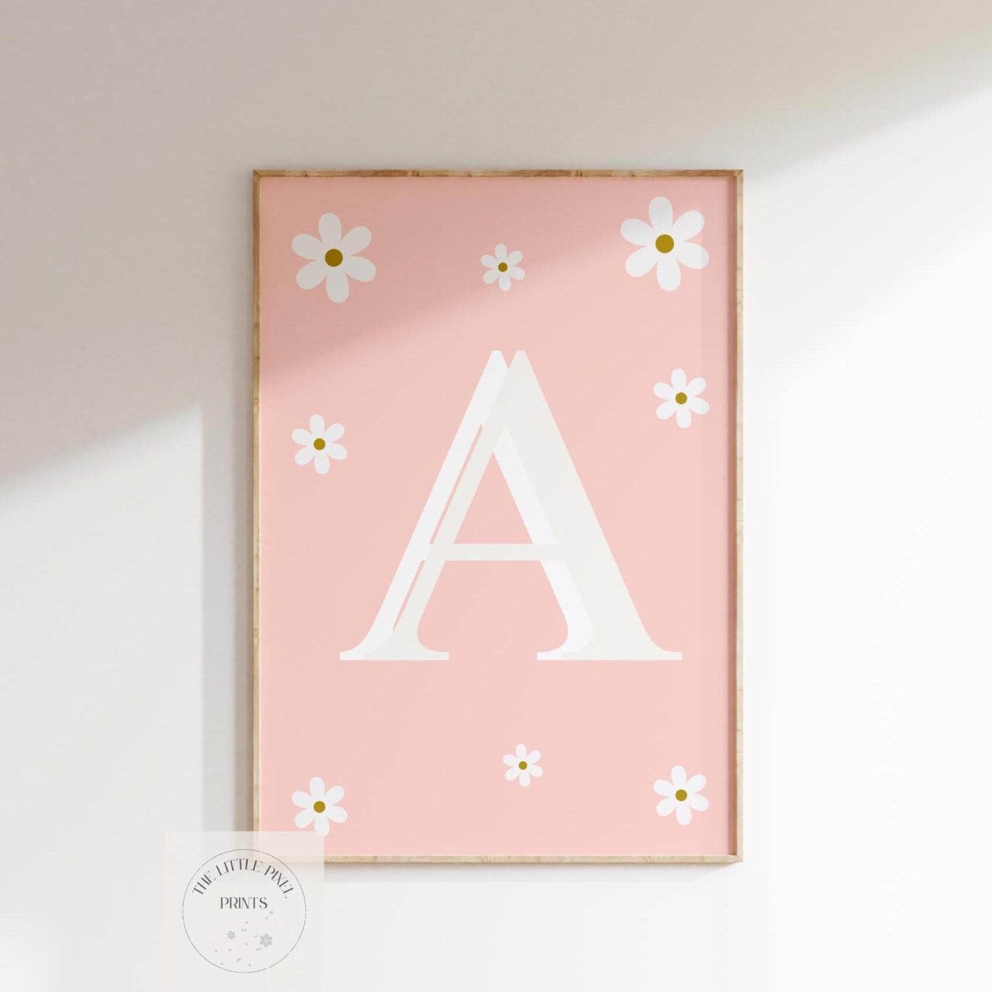 girls personalised initial and name pink  floral daisy wall print for bedroom or nursery