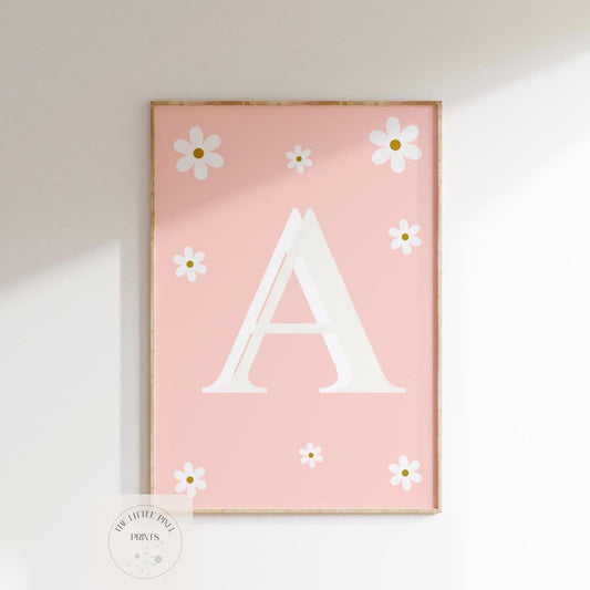 girls personalised initial and name pink  floral daisy wall print for bedroom or nursery