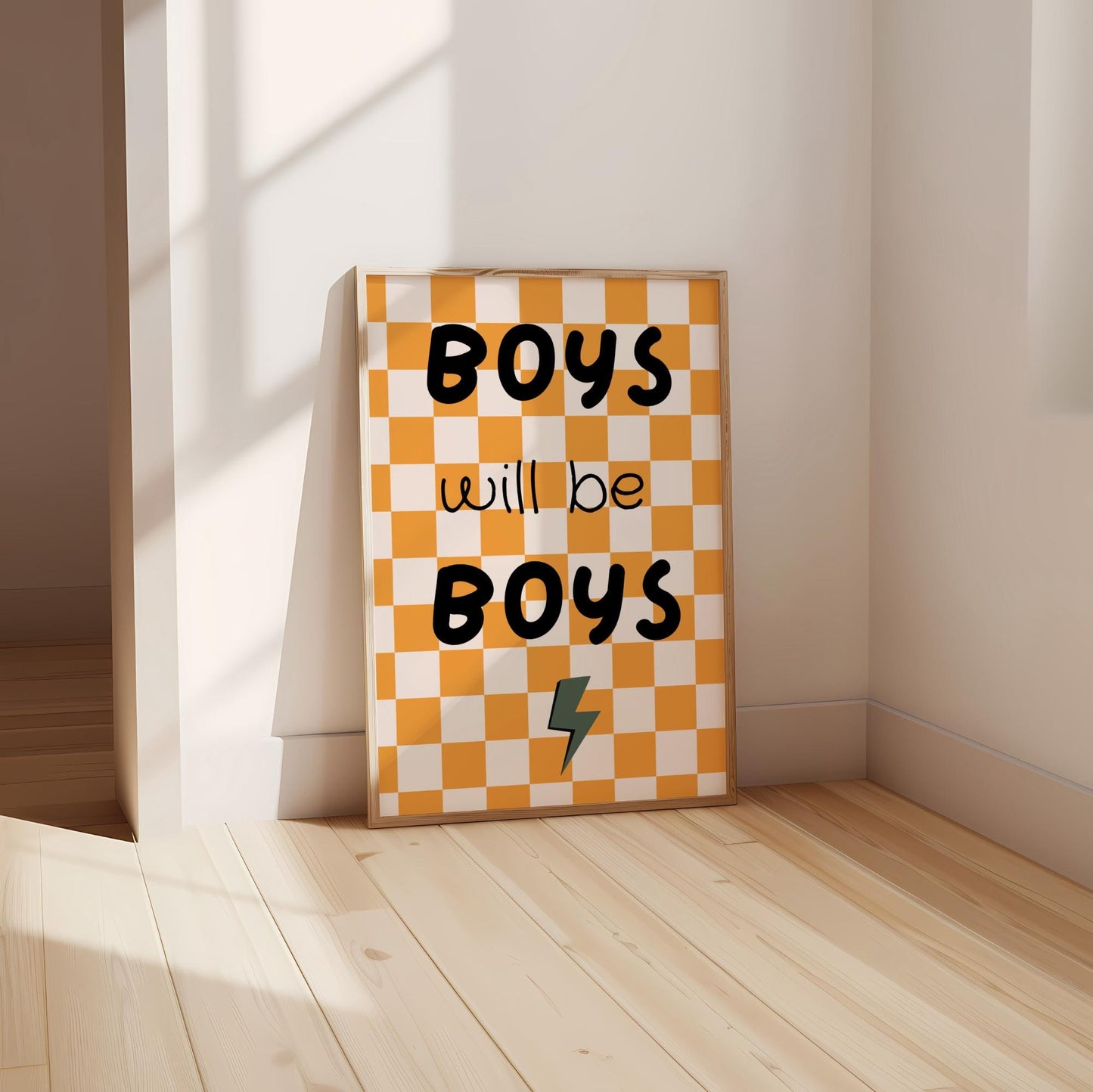 boys will be boys checkered retro wall print for childrens bedroom or nursery