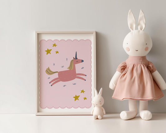 pink scallop border unicorn print for girls bedroom, nursery or playroom