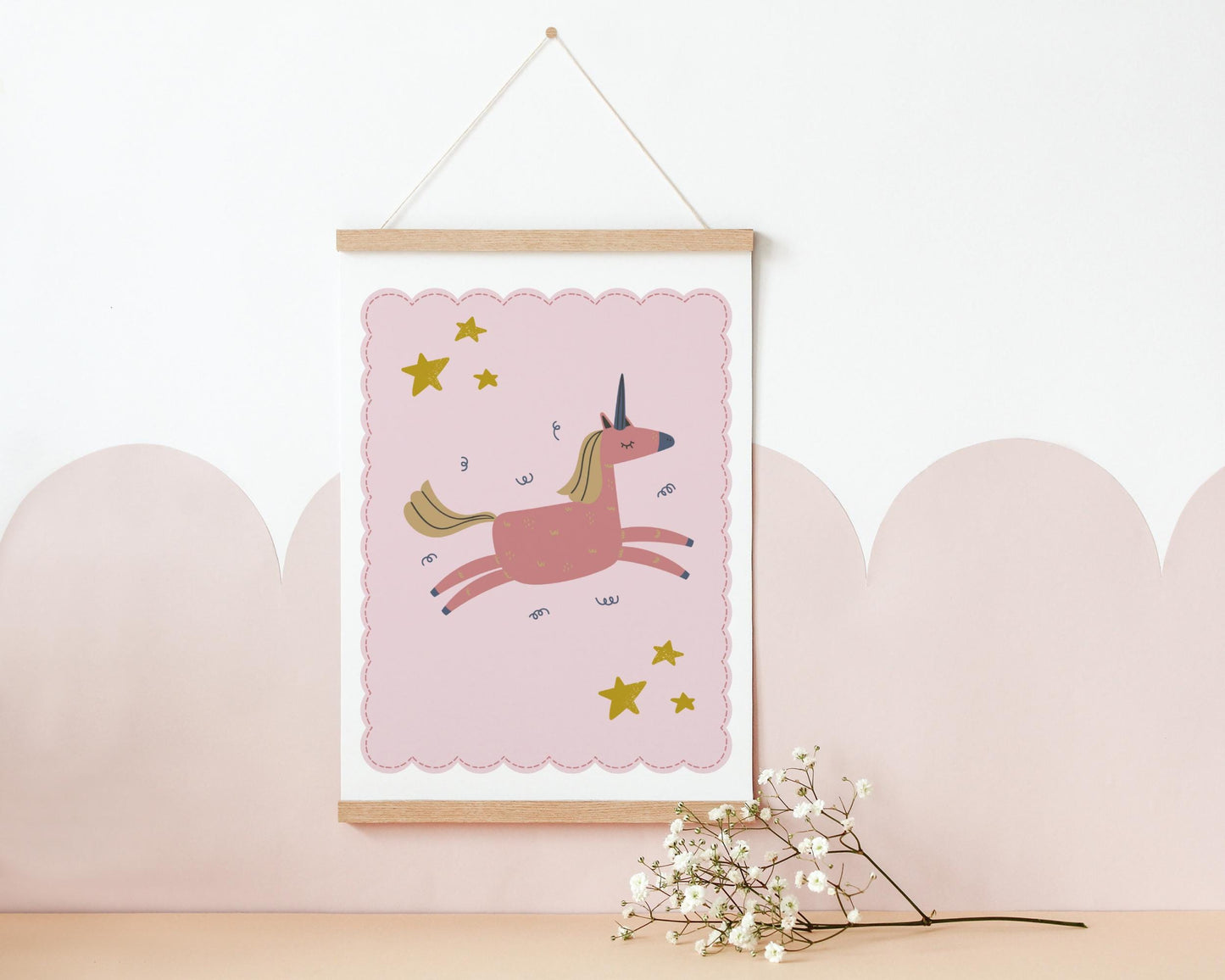 pink scallop border unicorn print for girls bedroom, nursery or playroom